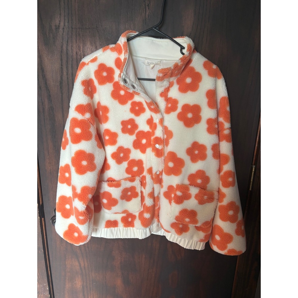 Roolee Women Orange White Floral Sherpa Fleece Snap Button Jacket Mock Neck M